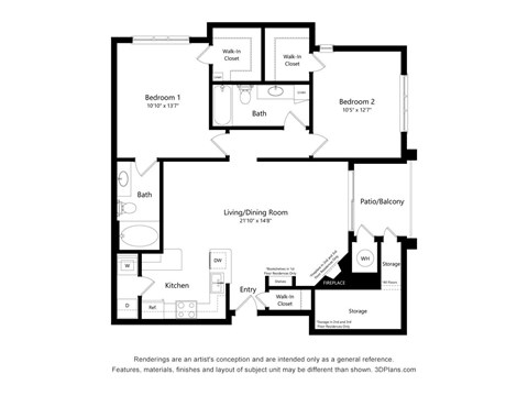 Floor plan for 2 beds, 2 baths, 1093 sqft